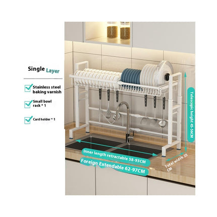 Adjustable Width Over The Sink Dish Drainer Drying Rack Over Sink with Utensil Holder and Hooks Space