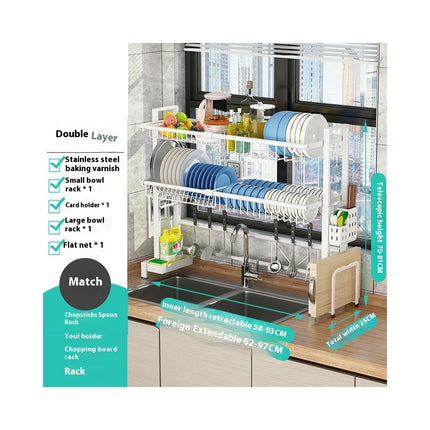 Adjustable Width Over The Sink Dish Drainer Drying Rack Over Sink with Utensil Holder and Hooks Space