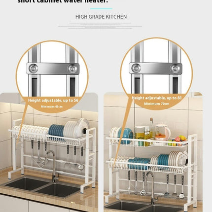 Adjustable Width Over The Sink Dish Drainer Drying Rack Over Sink with Utensil Holder and Hooks Space