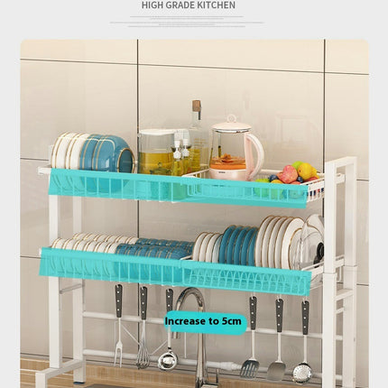 Adjustable Width Over The Sink Dish Drainer Drying Rack Over Sink with Utensil Holder and Hooks Space