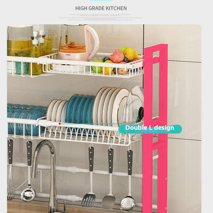 Adjustable Width Over The Sink Dish Drainer Drying Rack Over Sink with Utensil Holder and Hooks Space