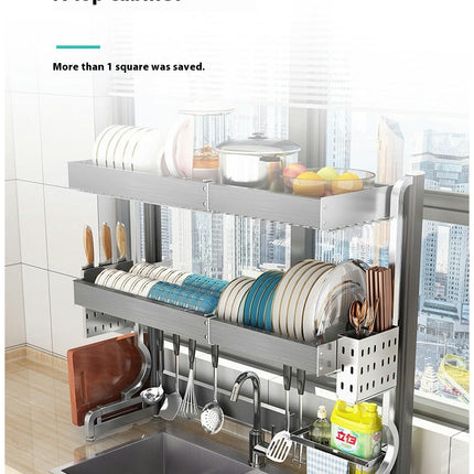 Over The Sink Dish Drying Rack - Expandable Length Large Stainless Steel with Baskets Utensil Holder