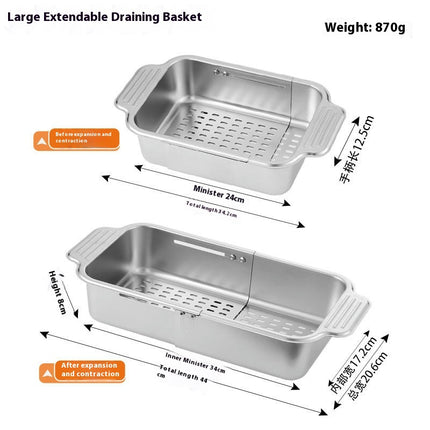 Expandable Dish Drying Rack Retractable Drain Basket Stainless Steel Sink Organizer for Vegetable Fruit