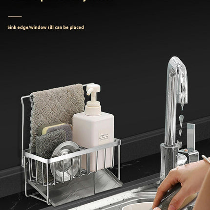 Kitchen Sink Caddy OrganizerStainless Steel Sponge Holder with Auto Drain Tray Holds Dish Soap Dispenser