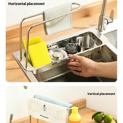 Expandable Kitchen Sink Caddy Sponge Holder Stainless Steel Sink Caddy Telescopic with Dishcloth Towel