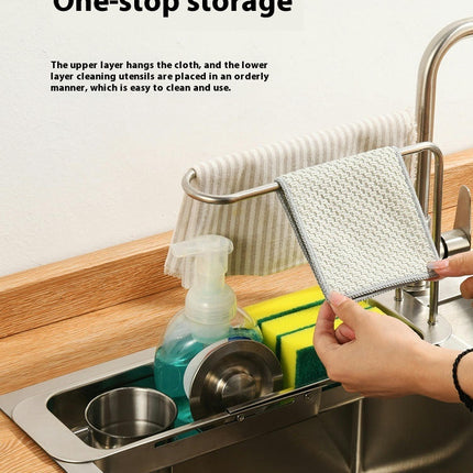 Expandable Kitchen Sink Caddy Sponge Holder Stainless Steel Sink Caddy Telescopic with Dishcloth Towel