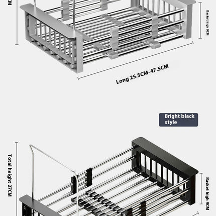 Over The Dish Drying Rack Retractable Stainless Steel Sink Strainer Telescopic Drain Basket for Kitchen