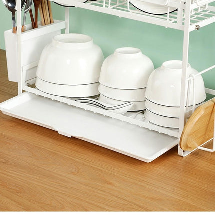 Dish Drying Rack - 2 Tier Dish Rack with Dish Drainer with Automatic Drainboard and Metal Utensil Tool