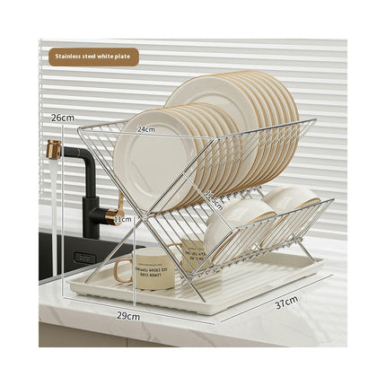 Foldable Dish Drying Rack with Drainboard Stainless Steel 2 Tier Dish Drainer Racks Collapsible Tool