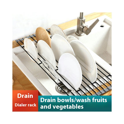 Roll-Up Dish Drying Rack Kitchen Sink Counter Over The Foldable Anti-Slip Silicone Coated Drain Tool