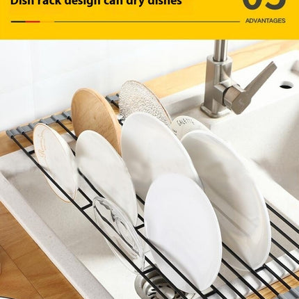 Roll-Up Dish Drying Rack Kitchen Sink Counter Over The Foldable Anti-Slip Silicone Coated Drain Tool