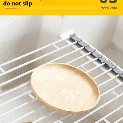 Roll-Up Dish Drying Rack Kitchen Sink Counter Over The Foldable Anti-Slip Silicone Coated Drain Tool