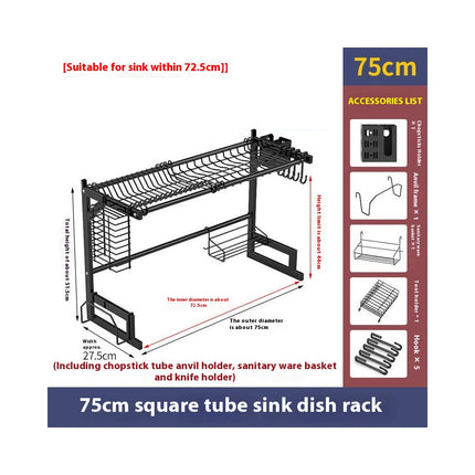 Over The Sink Dish Drying Rack Adjustable Length 2 Tier Dish Rack - with Multiple Baskets Utensil Holder