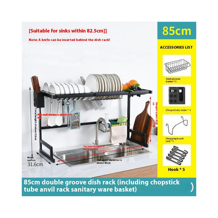 Over The Sink Dish Drying Rack Adjustable Length 2 Tier Dish Rack - with Multiple Baskets Utensil Holder