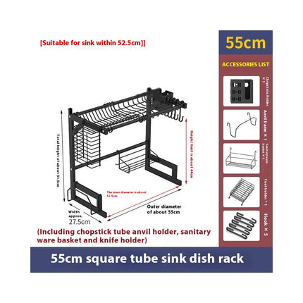 Over The Sink Dish Drying Rack Adjustable Length 2 Tier Dish Rack - with Multiple Baskets Utensil Holder