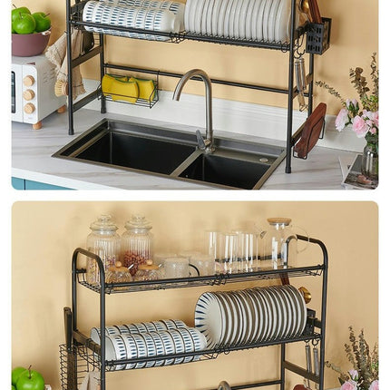 Over The Sink Dish Drying Rack Adjustable Length 2 Tier Dish Rack - with Multiple Baskets Utensil Holder