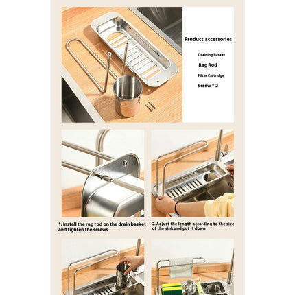 Telescopic Kitchen Over Sink Organizer with Towel Hanger Expandable Slim Multifunctional Drain for Home