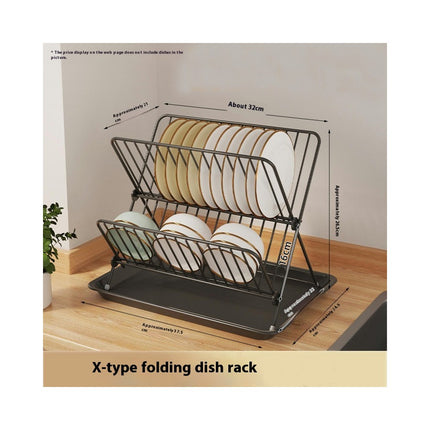 Foldable Dish Drying Rack - with Drainboard Stainless Steel 2 Tier X-Shaped Collapsible Dish Drainer