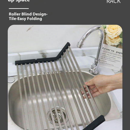 Roll Up Dish Drying Rack Stainless Steel and Silicone Dish Drying Mat Over The Sink Foldable Drainer