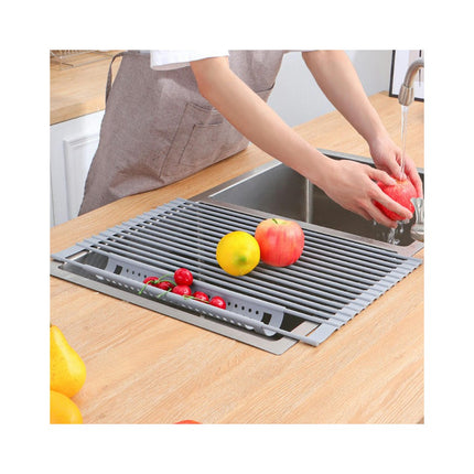 Roll Up Dish Rack Stainless Portable Drainer - for Kitchens Sink Cover with Removable Utensil Holder