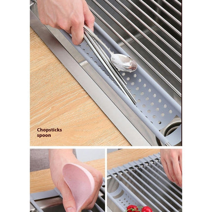 Roll Up Dish Rack Stainless Portable Drainer - for Kitchens Sink Cover with Removable Utensil Holder