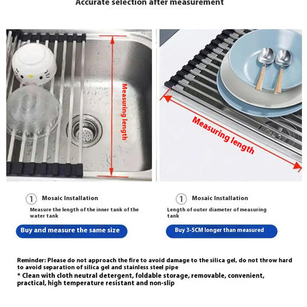 Roll Up Dish Drying Rack - Stainless Steel and Silicone Dish Drying Mat Over The Sink Foldable Drain