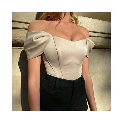 Women's Off Shoulder Boned Corset Crop Top Satin  Slim Fit Bustier