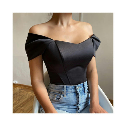 Women's Off Shoulder Boned Corset Crop Top Satin  Slim Fit Bustier