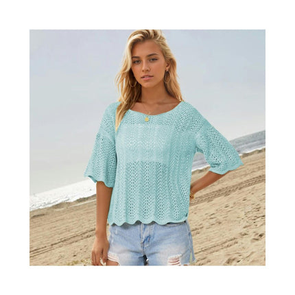 Women's Short Sleeve Knitted Tops Summer Hollow Out Shirts Crew Neck Tees Blouses