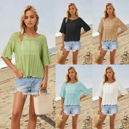 Women's Short Sleeve Knitted Tops Summer Hollow Out Shirts Crew Neck Tees Blouses