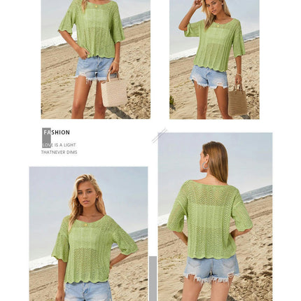 Women's Short Sleeve Knitted Tops Summer Hollow Out Shirts Crew Neck Tees Blouses