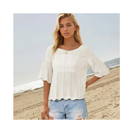 Women's Short Sleeve Knitted Tops Summer Hollow Out Shirts Crew Neck Tees Blouses