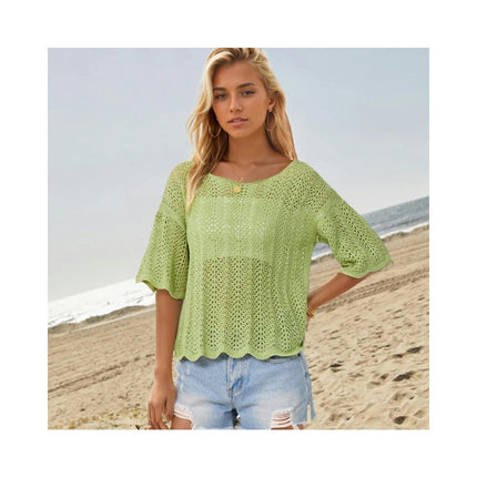 Women's Short Sleeve Knitted Tops Summer Hollow Out Shirts Crew Neck Tees Blouses