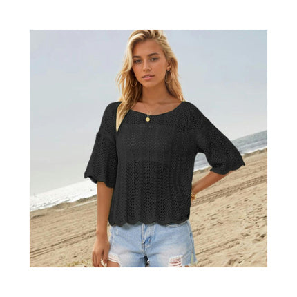 Women's Short Sleeve Knitted Tops Summer Hollow Out Shirts Crew Neck Tees Blouses