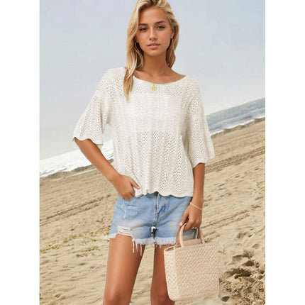 Women's Short Sleeve Knitted Tops Summer Hollow Out Shirts Crew Neck Tees Blouses