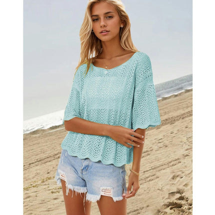 Women's Short Sleeve Knitted Tops Summer Hollow Out Shirts Crew Neck Tees Blouses