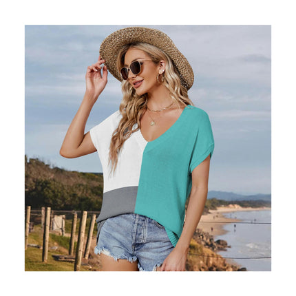 Women Summer V Neck Color block Tops Knitted Short Sleeve Casaul Loose T Shirts