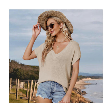 Women Summer V Neck Color block Tops Knitted Short Sleeve Casaul Loose T Shirts