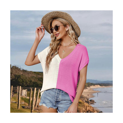 Women Summer V Neck Color block Tops Knitted Short Sleeve Casaul Loose T Shirts