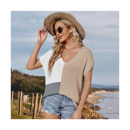 Women Summer V Neck Color block Tops Knitted Short Sleeve Casaul Loose T Shirts