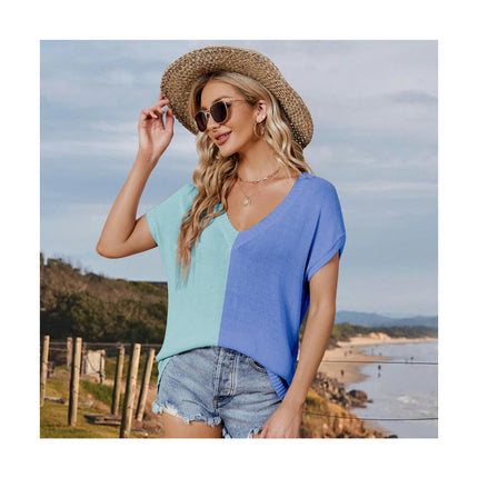 Women Summer V Neck Color block Tops Knitted Short Sleeve Casaul Loose T Shirts