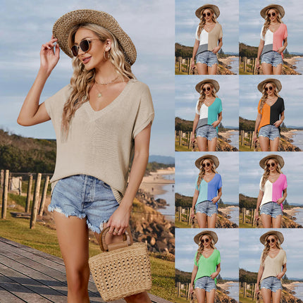 Women Summer V Neck Color block Tops Knitted Short Sleeve Casaul Loose T Shirts