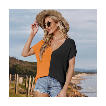 Women Summer V Neck Color block Tops Knitted Short Sleeve Casaul Loose T Shirts