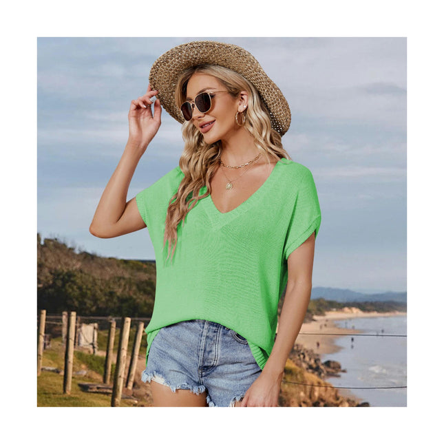 Women Summer V Neck Color block Tops Knitted Short Sleeve Casaul Loose T Shirts