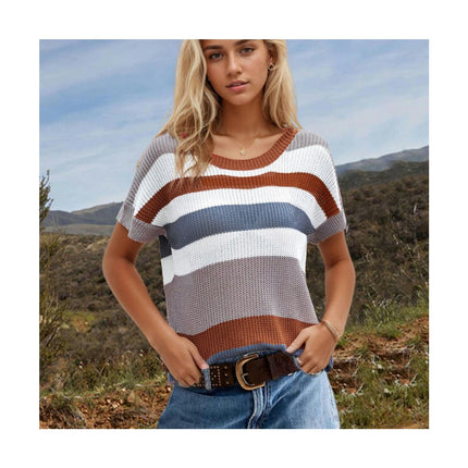 Women Summer Crew Neck Color block Tops Knitted Short Sleeve Casaul Loose Blouses