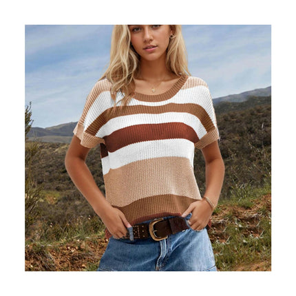 Women Summer Crew Neck Color block Tops Knitted Short Sleeve Casaul Loose Blouses