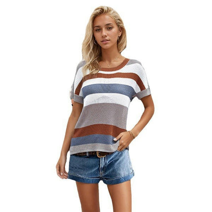 Women Summer Crew Neck Color block Tops Knitted Short Sleeve Casaul Loose Blouses