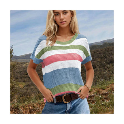 Women Summer Crew Neck Color block Tops Knitted Short Sleeve Casaul Loose Blouses