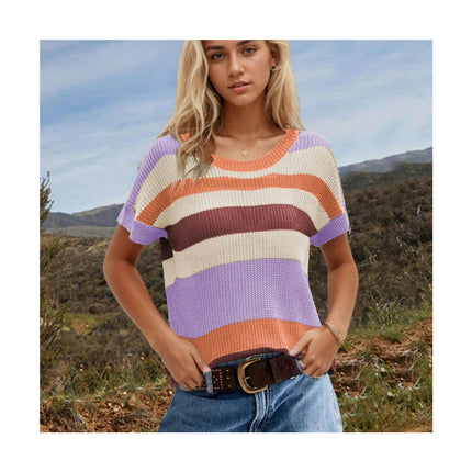 Women Summer Crew Neck Color block Tops Knitted Short Sleeve Casaul Loose Blouses