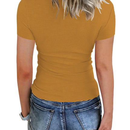 Women's Short Sleeve T Shirts Button Down Slim Fit Tops Scoop Neck Ribbed Knit Shirts